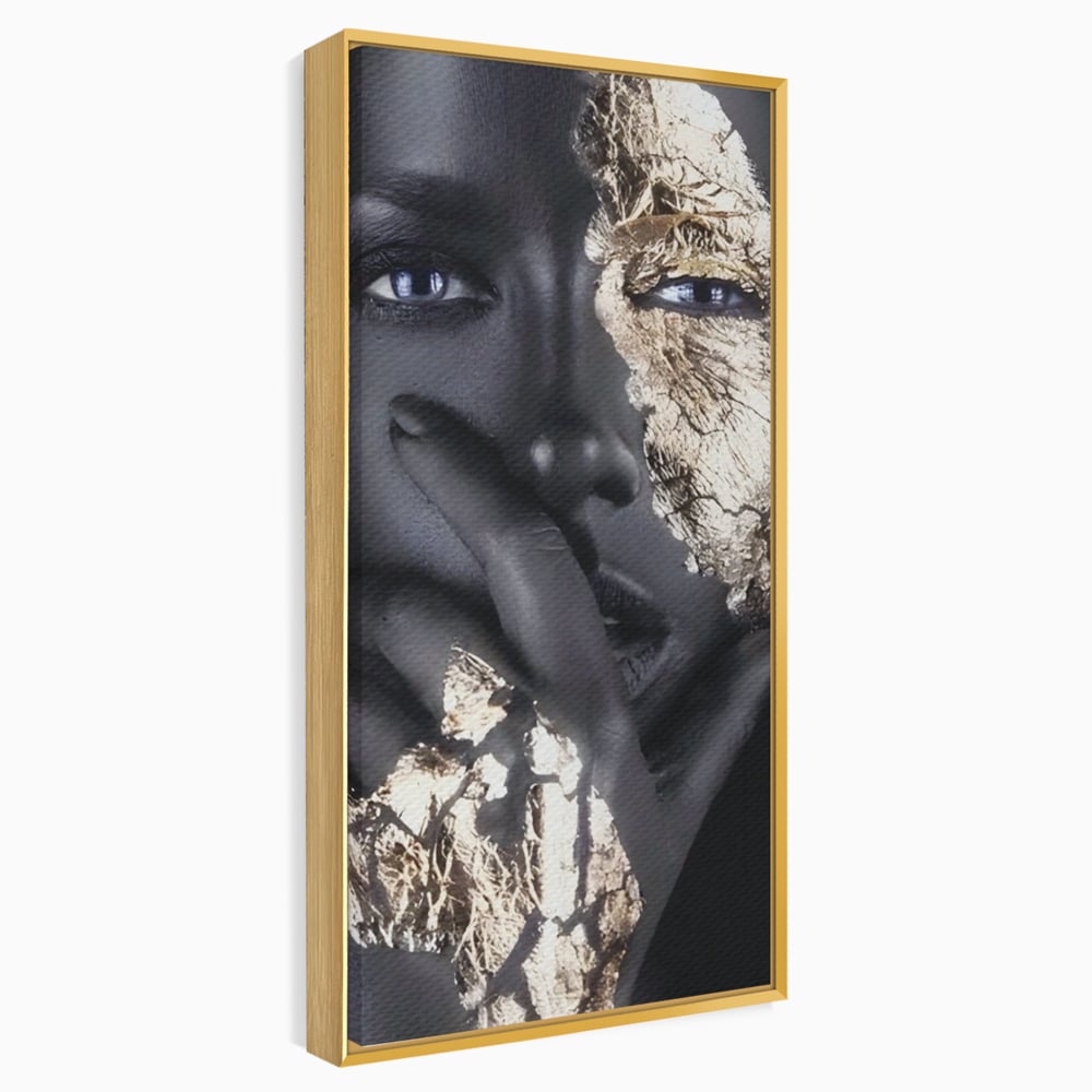 Tablou canvas cu tablou canvas cu portret de femeie, in rama de aluminiu auriu